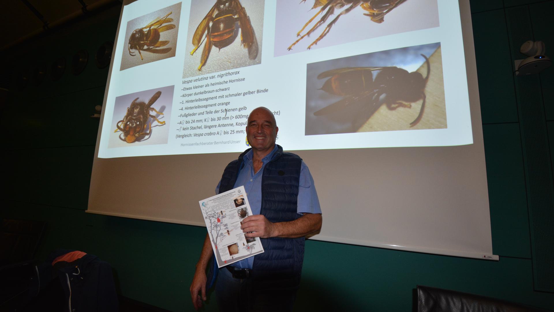 Das Bild zeigt den Hornissenbeauftragten Bernhard Unser bei seinem Vortrag über die Hornisse.