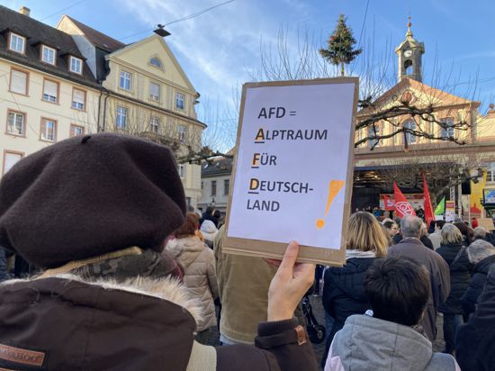 Demonstration auf dem Rastatter Marktplatz. Eine Person, die von hinten zu sehen ist, hält ein Schild mit der Aufschrift „AfD = Alptraum für Deutschland“ in die Höhe. Im Hintergrund ist das Rathaus zu sehen.