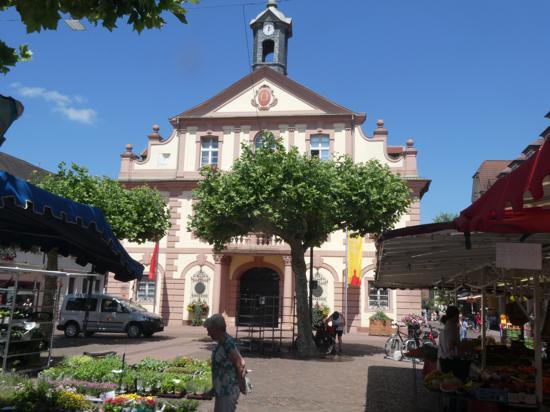 Blick durch Wochenmarktstände auf das historische Rathaus Rastatt