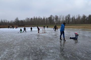 Kinder und Erwachsene fahren SChlittschuh oder spielen Eishockey. 
