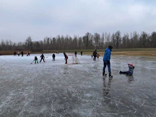 Kinder und Erwachsene fahren SChlittschuh oder spielen Eishockey. 