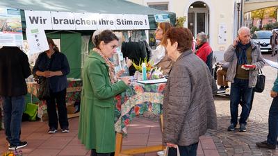  Infostand der Buergerinitiative gegen den Klinikumstandort Am Muenchfeldsee auf dem Rastatter Wochenmarkt                             