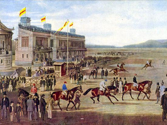 Startschuss vor bald 163 Jahren: Am 5. September 1858 fanden in Iffezheim die ersten Rennen statt. Eine Lithographie um 1861 aus dem Archiv des Stadtmuseums Baden-Baden dokumentiert die Anfänge im badischen Renndorf. 