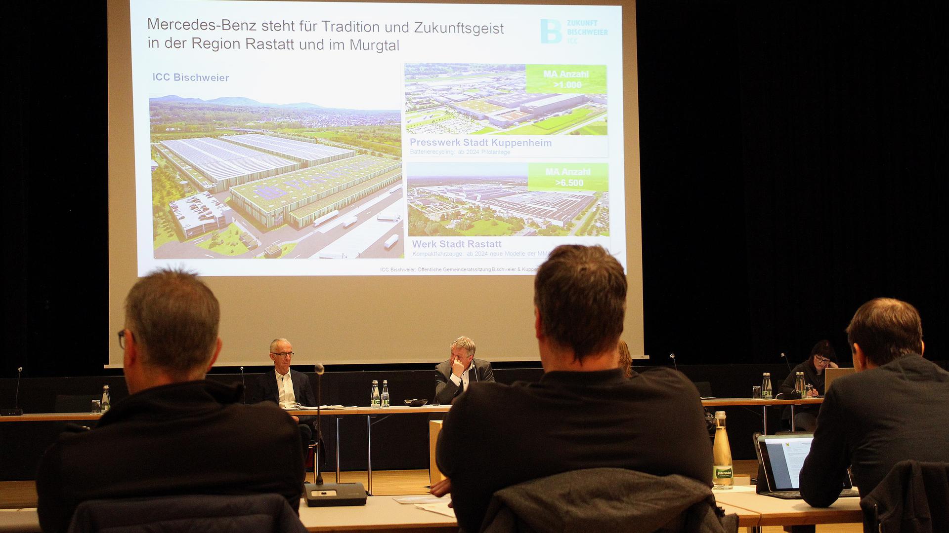Die Gemeinderäte der Stadt Kuppenheim und der Gemeinde Bischweier lauschen in einer gemeinsamen Gemeinderatssitzung den Ausführungen der Projektträger zur geplante ICC-Ansiedelung auf dem früheren Kronospan-Gelände.