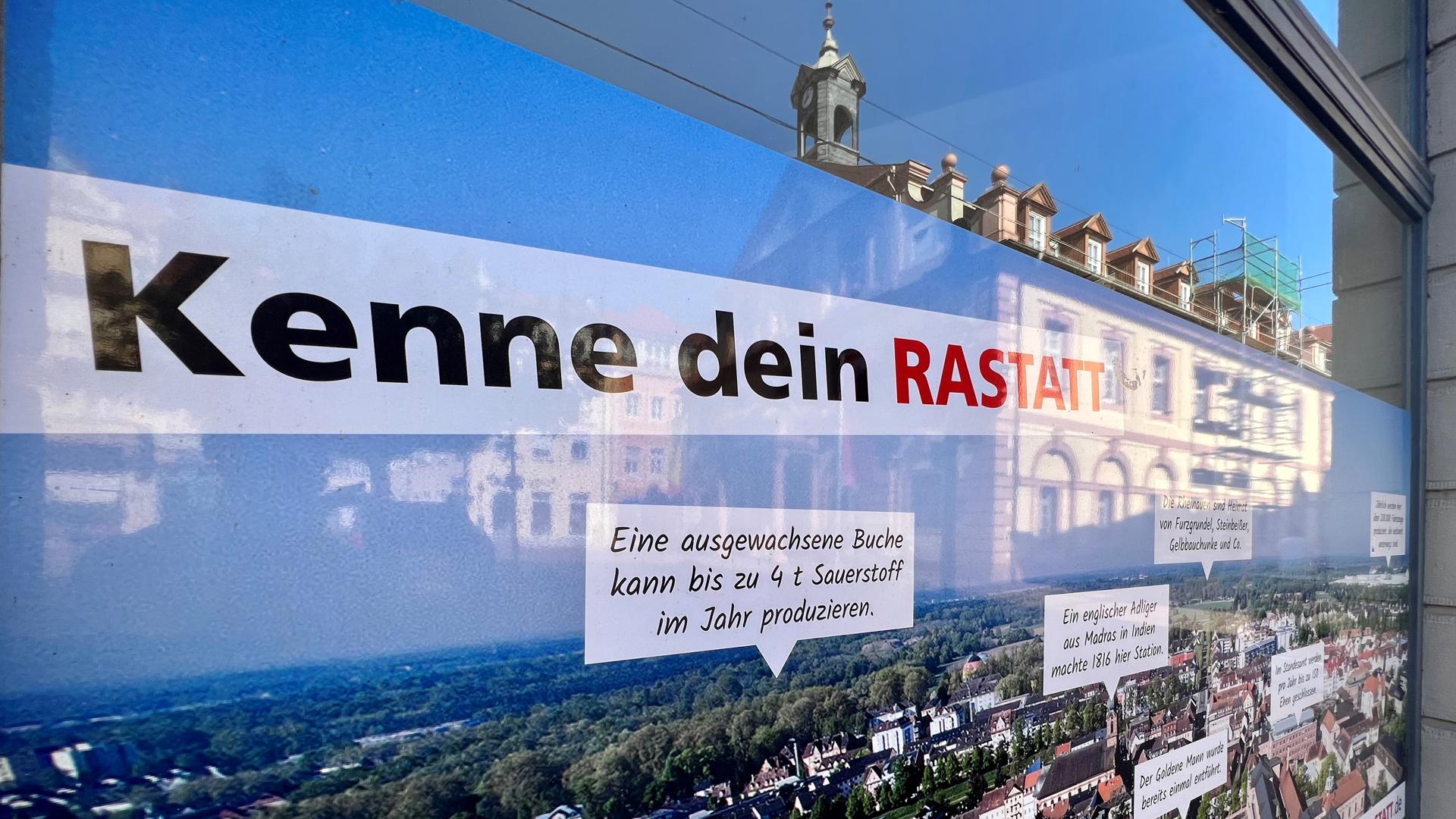 Das Rathaus Rastatt spiegelt sich in einem Schaufenster. 