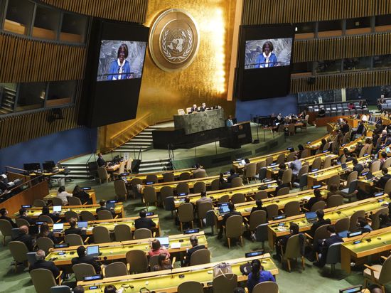 Linda Thomas-Greenfield, Botschafterin der USA bei den Vereinten Nationen, spricht vor der Generalversammlung der Vereinten Nationen. 