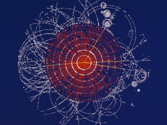 ARCHIV - Die Illustration zeigt den Zerfall eines fiktiven Higgs-Boson (Handout). Neue Messergebnisse stimmen Physiker zuversichtlicher, dass das hypothetische Higgs-Teilchen tatsächlich existiert. Foto: Cern (zu dpa: "Physiker kommen Aufklärung des Higgs-Rätsels näher") +++ dpa-Bildfunk +++
