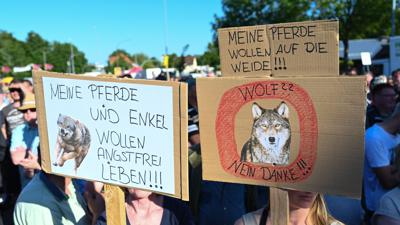 Die Emotionen kochen hoch: Teilnehmer einer Demonstration tragen Schilder mit Anti-Wolf-Botschaften. Das Bild entstand in Friesland, doch die wachsende Zahl von Wölfen und von gerissenem Nutzvieh macht Menschen in vielen Teilen Deutschlands inzwischen Angst – auch im Schwarzwald.