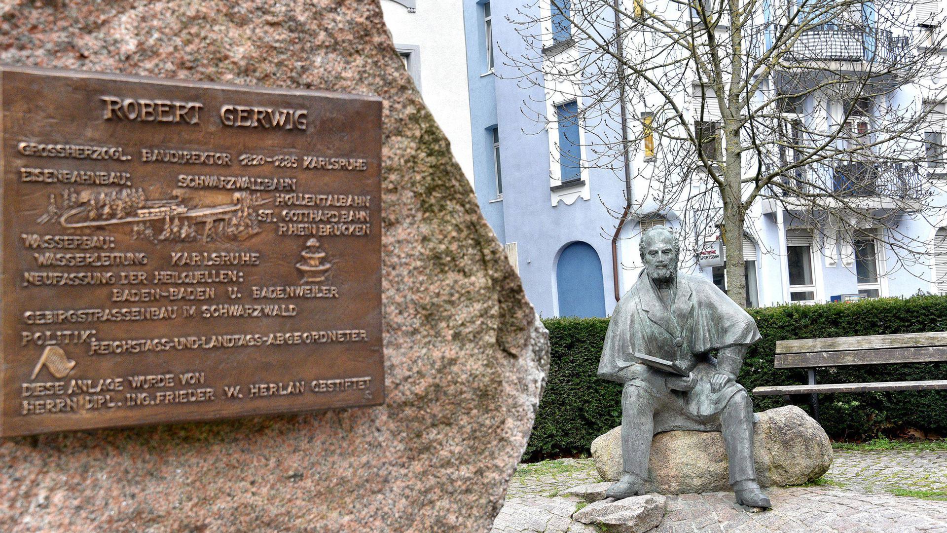 Oststadt Gerwigstraße, Gerwigbrunnen von Frieder Herlan gestiftet, erinnert an die Leistungen des großherzoglichen Baudirektors Robert Gerwig, geschaffen wurde er 1987 von dem Acherner Bildhauer Walter Gerteis (1921–1999)