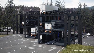 Hochregal für Lkw: Das Bruchsaler Softwareunternehmen Abona hat einen „TruckTower“ entwickelt, um dem Stellplatzmangel der Lkw entgegenzuwirken.