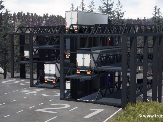 Hochregal für Lkw: Das Bruchsaler Softwareunternehmen Abona hat einen „TruckTower“ entwickelt, um dem Stellplatzmangel der Lkw entgegenzuwirken.