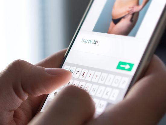 Großaufnahme eines Smartphone-Displays. Darauf ein Chat-Fenster mit einer erhaltenen Nachricht: „You are fat.“ Man sieht darüber ein Foto eines Körpers im Bikini.