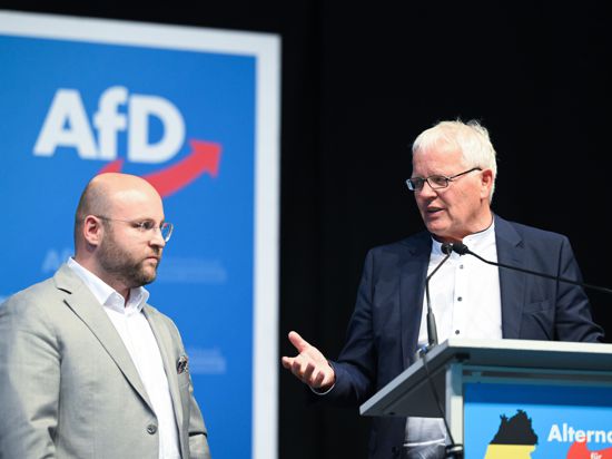 Markus Frohnmaier (l) und Emil Sänze, Landesvorsitzende der AfD Baden-Württemberg, stehen in der Messehalle beim AfD-Landesparteitag gemeinsam auf dem Podium. (zu dpa-lsw-Bericht: «Verfassungsschutz: Extremisten prägen Bild der Südwest-AfD») +++ dpa-Bildfunk +++