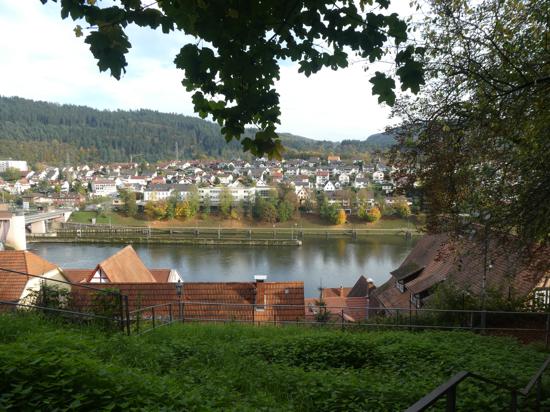 Die Wanderung auf dem Neckarsteig bietet schöne Ausblicke wie hier vom Naturdenkmal Steinerner Tisch auf Hirschhorn und Ersheim.