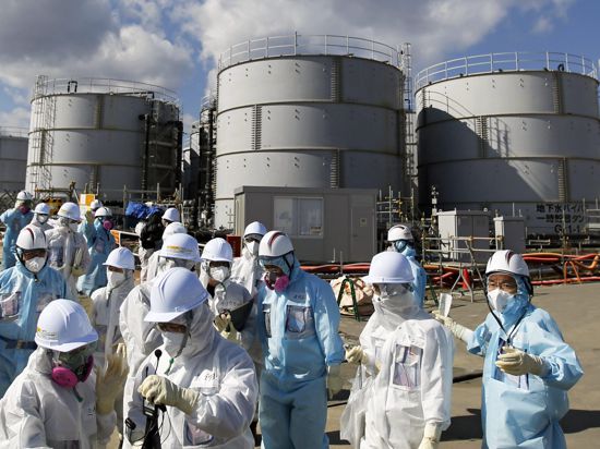 epa05152387 Members of the media, wearing protective suits and masks, walk after they receive briefing from Tokyo Electric Power Co. (TEPCO) employees (in blue) in front of storage tanks for radioactive water at TEPCO's tsunami-crippled Fukushima Daiichi nuclear power plant in Okuma town, Fukushima prefecture, Japan, 10 February 2016. A group of foreign media visited to the plant, just a month before the fifth anniversary of the nuclear accident. The 9.0-magnitude earthquake that struck 11 March 2011 and triggered a tsunami claimed the lives of an estimated 15,000 people, and led to a nuclear accident on a level that had not been seen since Chernobyl in 1986. EPA/TORU HANAI / POOL ++ +++ dpa-Bildfunk +++