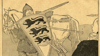 Ein schwäbischer Ritter wird auf einer Karikatur von Pfeilen getroffen.