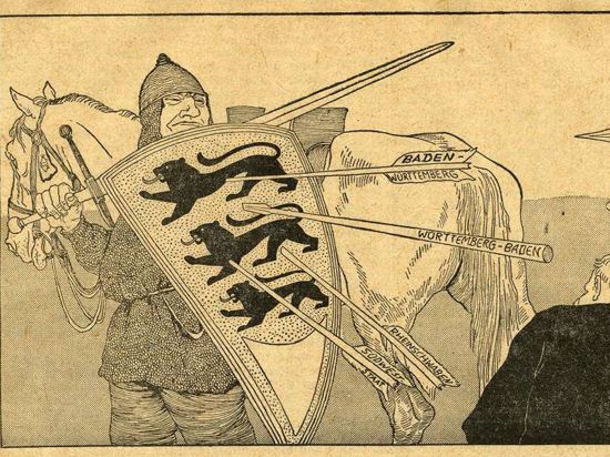 Ein schwäbischer Ritter wird auf einer Karikatur von Pfeilen getroffen.