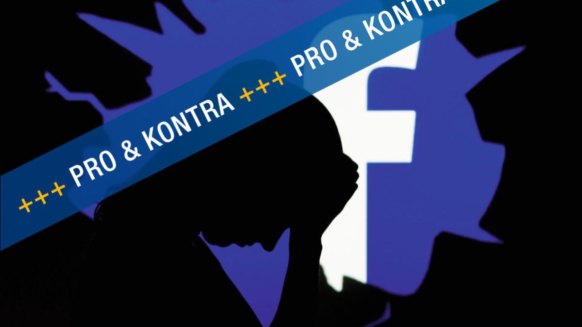 Eine Fotomontage: Im Hintergrund das Facebook-Logo, davor der Schatten eines verzweifelten Menschen. Über das ganze Bilder der Schriftzug „Pro & Kontra“