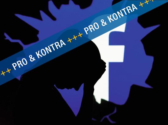 Eine Fotomontage: Im Hintergrund das Facebook-Logo, davor der Schatten eines verzweifelten Menschen. Über das ganze Bilder der Schriftzug „Pro & Kontra“