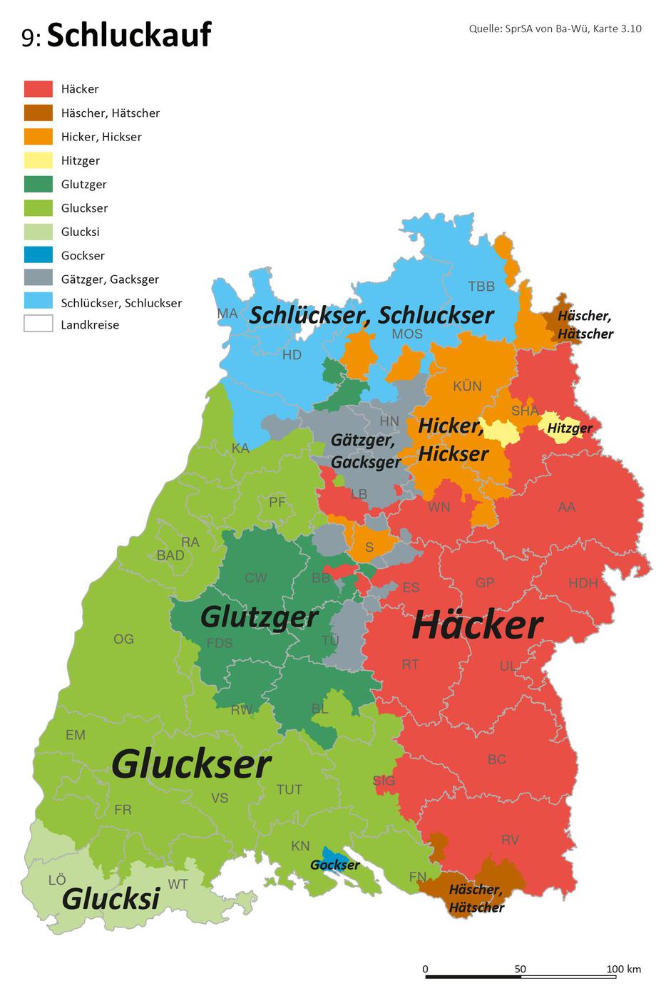 Landkarte, wo in Baden-Württemberg der Schluckauf mundartlich bezeichnet wird. 