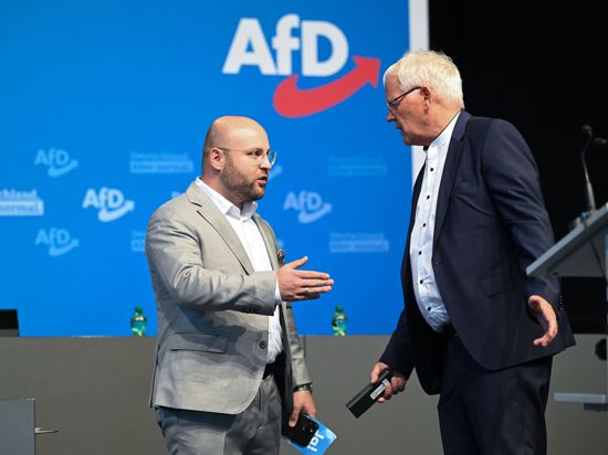 Die AfD Politiker Markus Frohnmaier (l) und Emil Sänze stehen in der Messehalle in Stuttgart beim AfD Landesparteitag gemeinsam auf dem Podium. Sie werden zur neuen Doppelspitze im Land gewählt. +++ dpa-Bildfunk +++