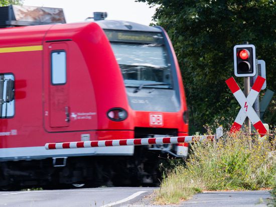 Eine S-Bahn der Deutschen Bahn (DB) fährt an einem Bahnübergang mit einer roten Ampel vorbei.