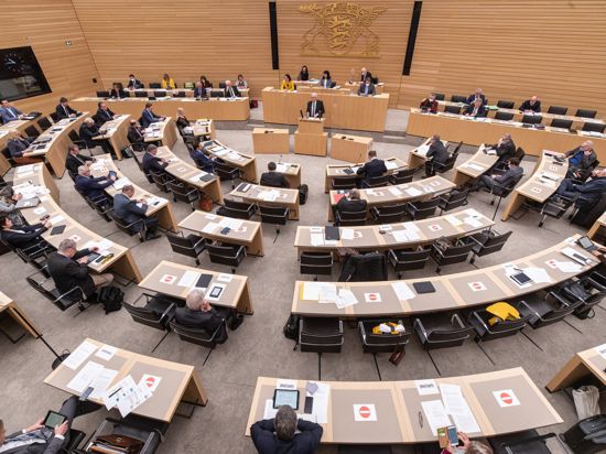 Abgeordnete sitzen bei einer Sitzung des Landtags im Plenarsaal.