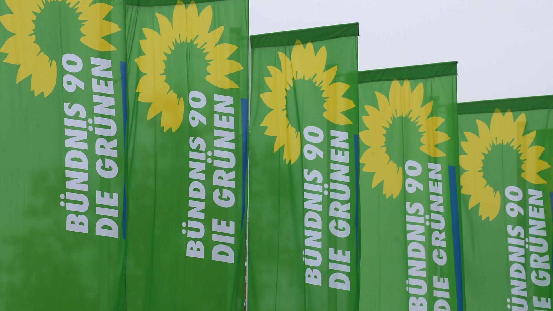 Fahnen der Partei Bündnis 90 Die Grünen wehen im Wind.