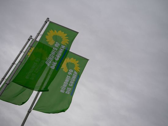 Flaggen mit dem Logo von Bündnis 90/Die Grünen wehen vor einem Veranstaltungszentrum.
