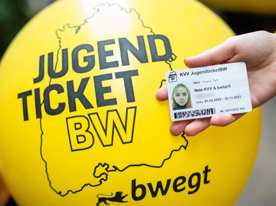 Ein „JugendticketBW“ wird bei einem Pressetermin im Straßenbahnmuseum vor einen passenden Ballon gehalten.