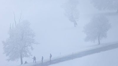 Menschen stehen im Nebel nahe dem Gipfel des Schauinsland auf einer Straße.