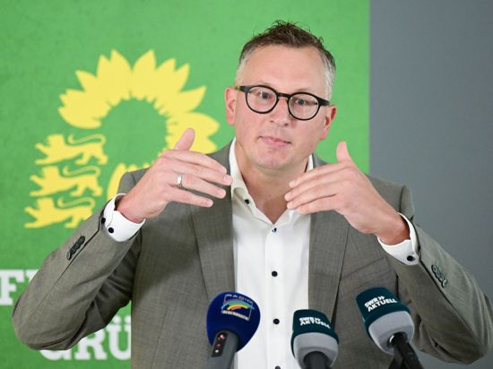 Andreas Schwarz, Fraktionsvorsitzender von Bündnis 90/Die Grünen, spricht bei einer Pressekonferenz.
