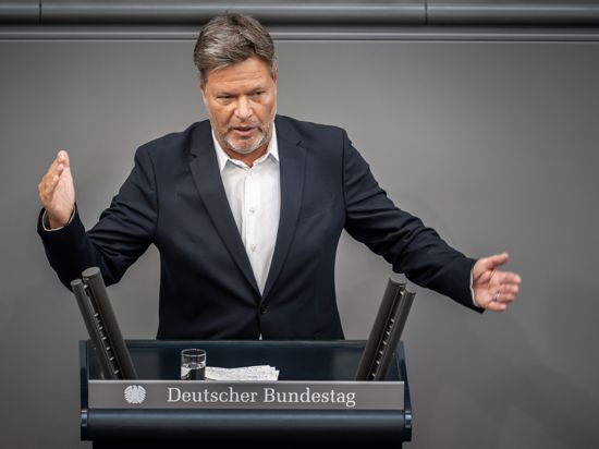 Bundeswirtschaftsminister Robert Habeck steht am Rednerpult des Bundestags. 