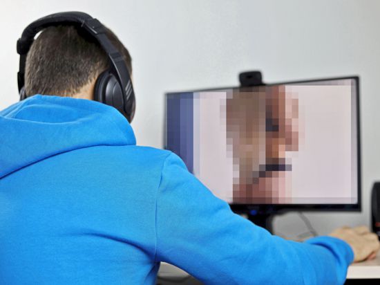 Ein Junge betrachtet am Computerbildschirm eine Frau in Reizunterwäsche. 