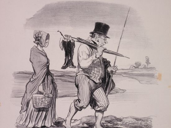 Eine Karikatur von Honoré Daumier nimmt eherechtliche Regelungen des Code Napoleon aufs Korn. Ein Mann mit Zylinder watet mit hochgekrempelten Hosen durch den Schlamm, seine Frau läuft mit bedrücktem Gesicht hinterher.