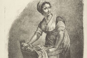 Eine Waschfrau aus dem 19. Jahrhundert am Wäschekübel.