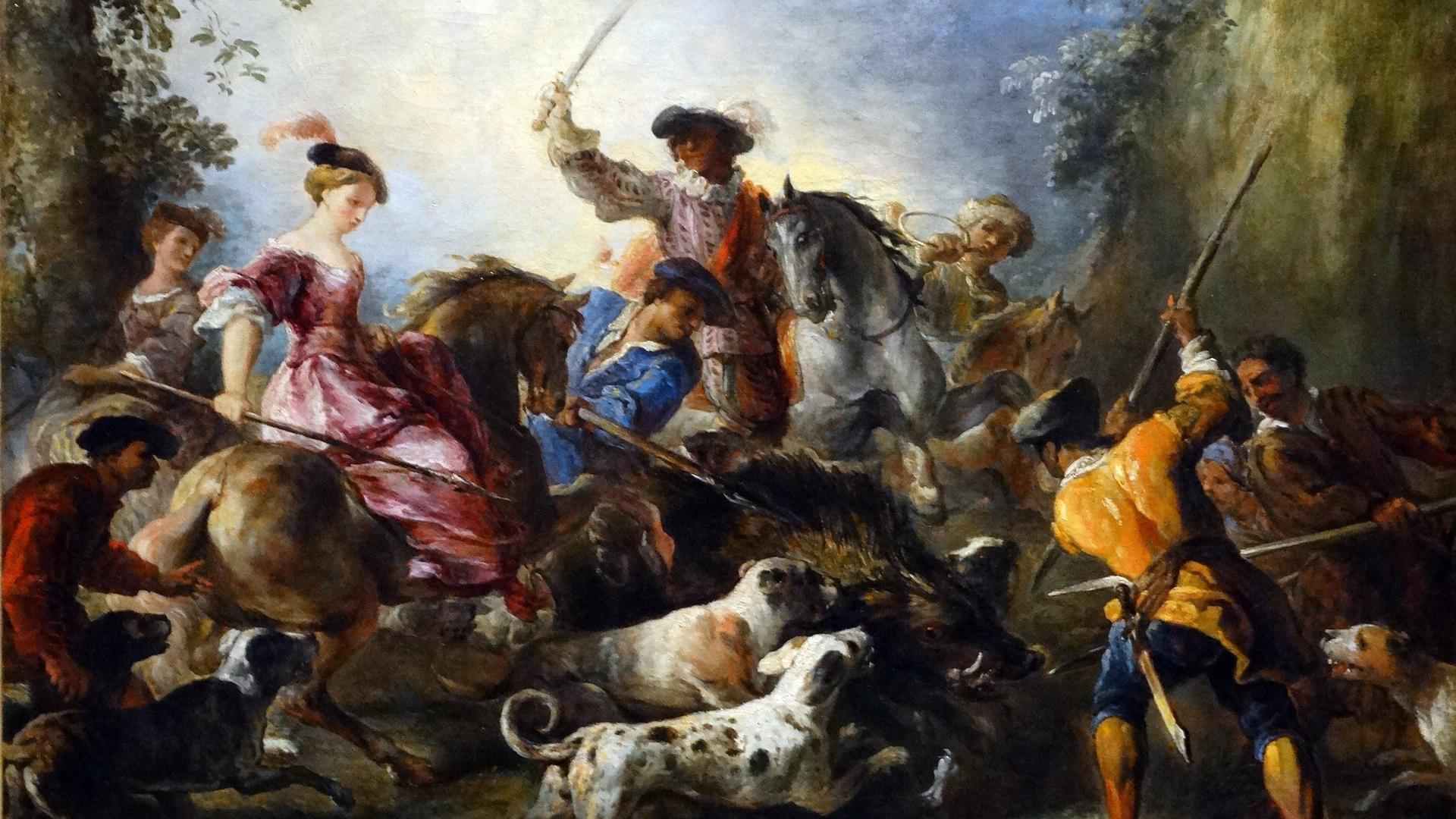 Gemälde zeigt eine barocke Jagdszene, bei ein Wildschwein getötet wird.