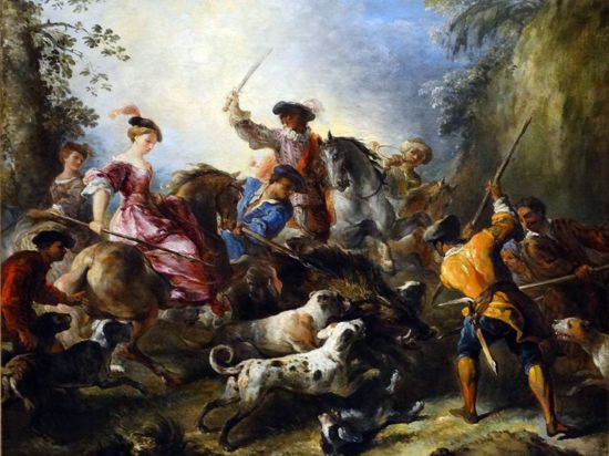 Gemälde zeigt eine barocke Jagdszene, bei ein Wildschwein getötet wird.