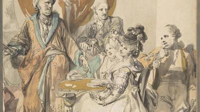 Zwei Frauen und drei Männer in höfischer Kleidung beim Kartenspiel.