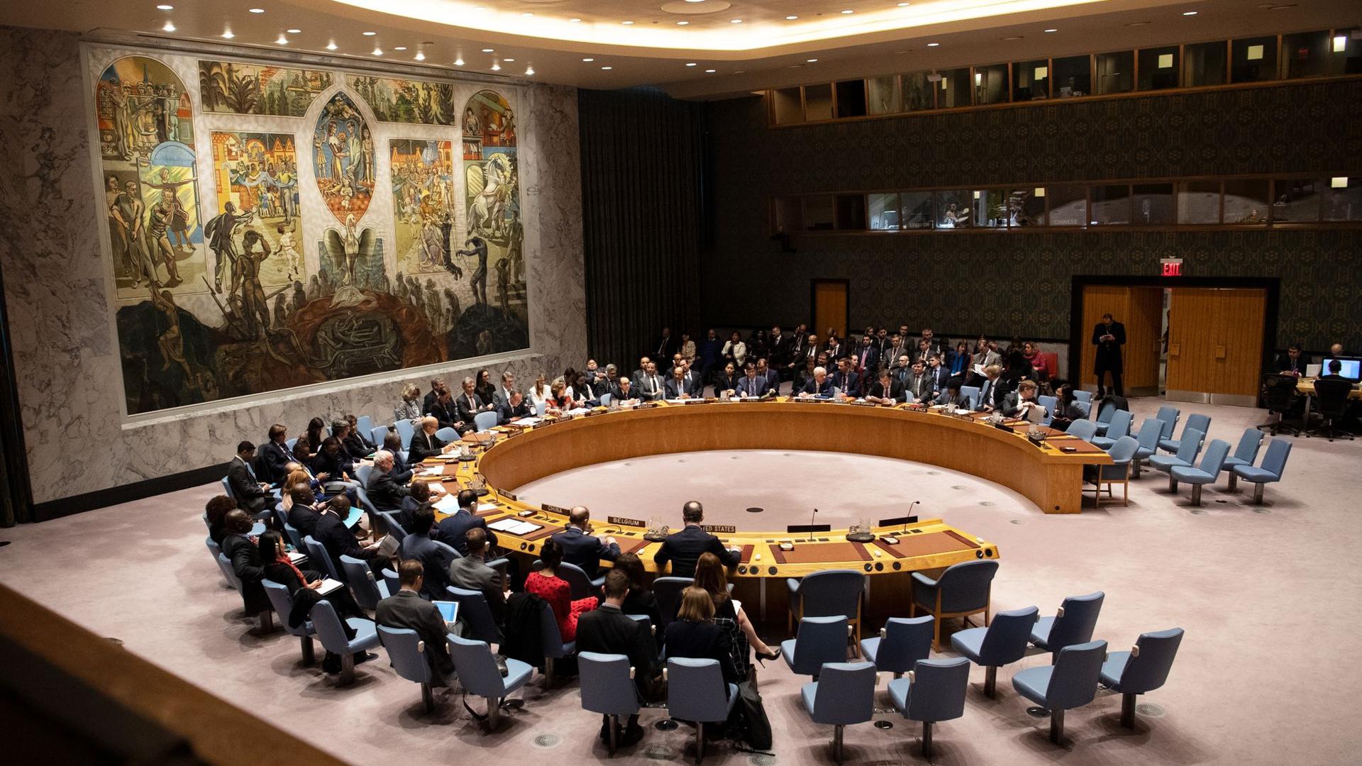 Blick auf eine Sitzung des Sicherheitsrats der Vereinten Nationen.