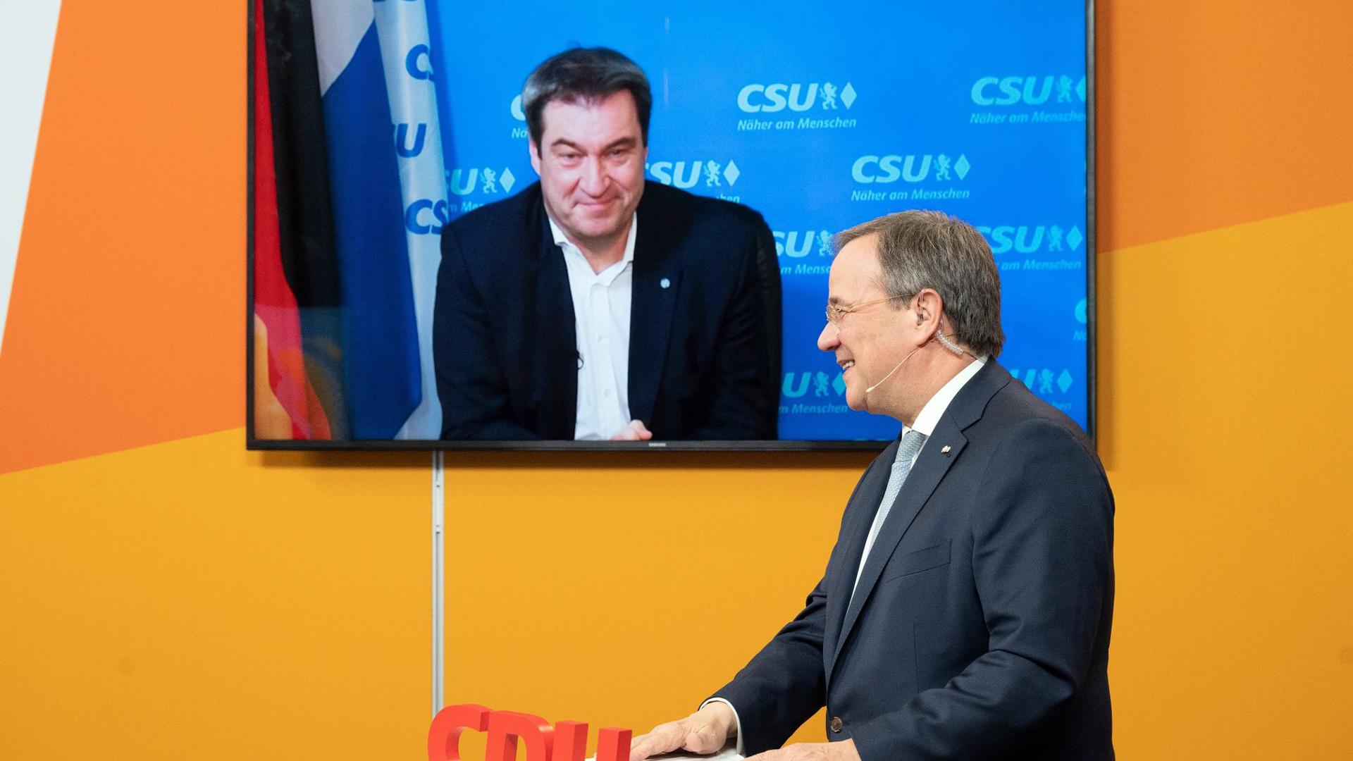 Armin Laschet (r) und Markus Söder beim digitalen Neujahrsempfang der NRW-CDU.