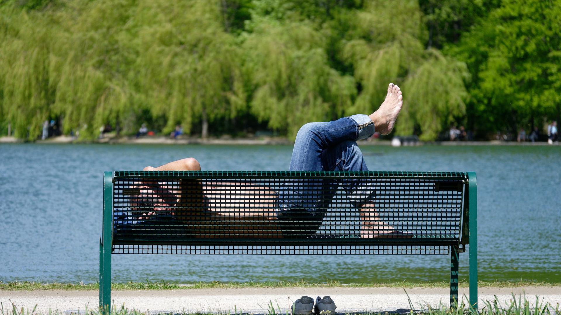 Ein Mann sonnt sich auf einer Bank im Kölner Stadtwald.