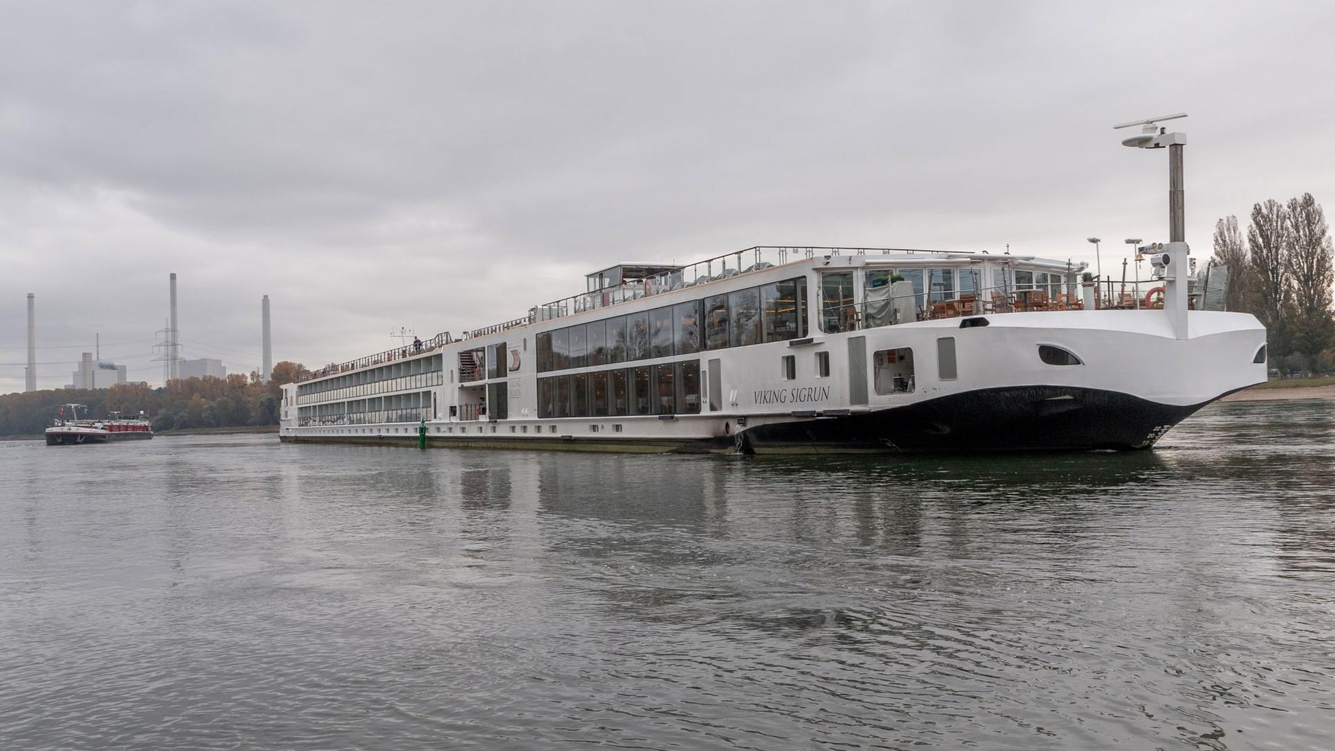 Ein Fahrgastkabinenschiff mit etwa 90 Passagieren an Bord liegt auf dem Rhein fest.