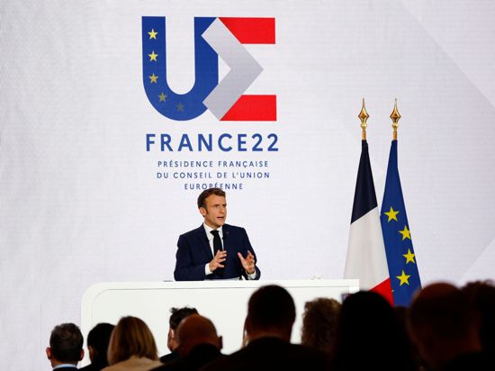 Emmanuel Macron während einer Pressekonferenz zur Übernahme der EU-Ratspräsidentschaft durch Frankreich.