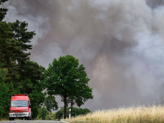 In der Gohrischheide an der Landesgrenze zu Brandenburg bekämpft die Feuerwehr einen größeren Waldbrand.