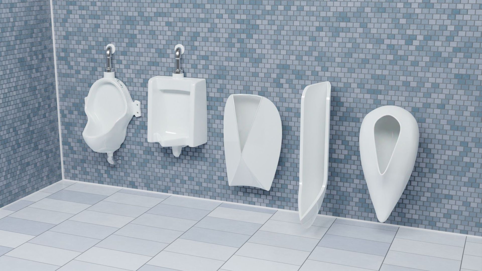 Die Computerdarstellung zeigt zwei Urinale mit traditionellem Design (l.) und drei von den Forschern entworfene Urinale.