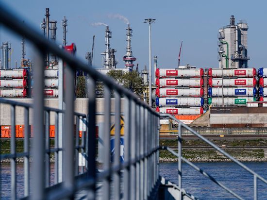 Hinter einem Hafensteg am Rhein ist das Werksgelände des Chemiekonzerns BASF zu sehen.