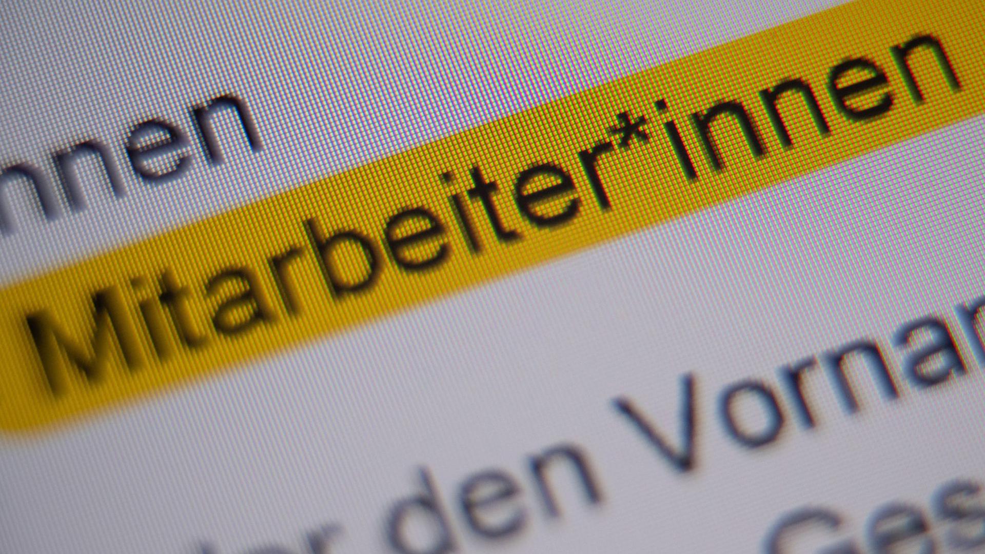 Die Anrede „Mitarbeiter*innen“ ist in der Handreichung „Hinweise zur Umsetzung der geschlechtersensiblen Sprache für die Verwaltung der Landeshauptstadt Stuttgart“ markiert und auf einem Bildschirm zu sehen. 