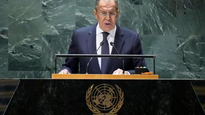 Russlands Außenminister Sergej Lawrow spricht auf der 78. Sitzung der UN-Vollversammlung.