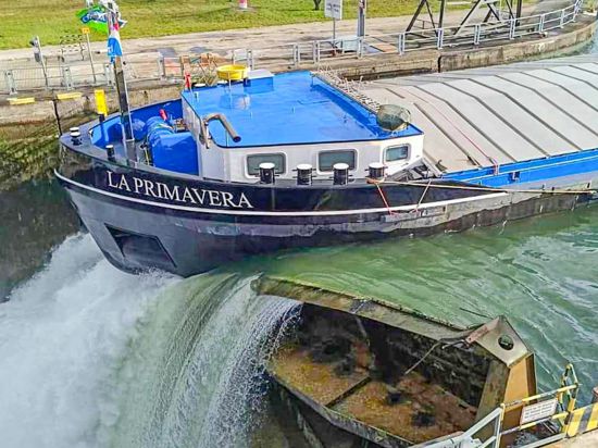 Das Gütermotorschiff La Primavera hat ein Schleusentor bei Iffezheim gerammt und beschädigt.